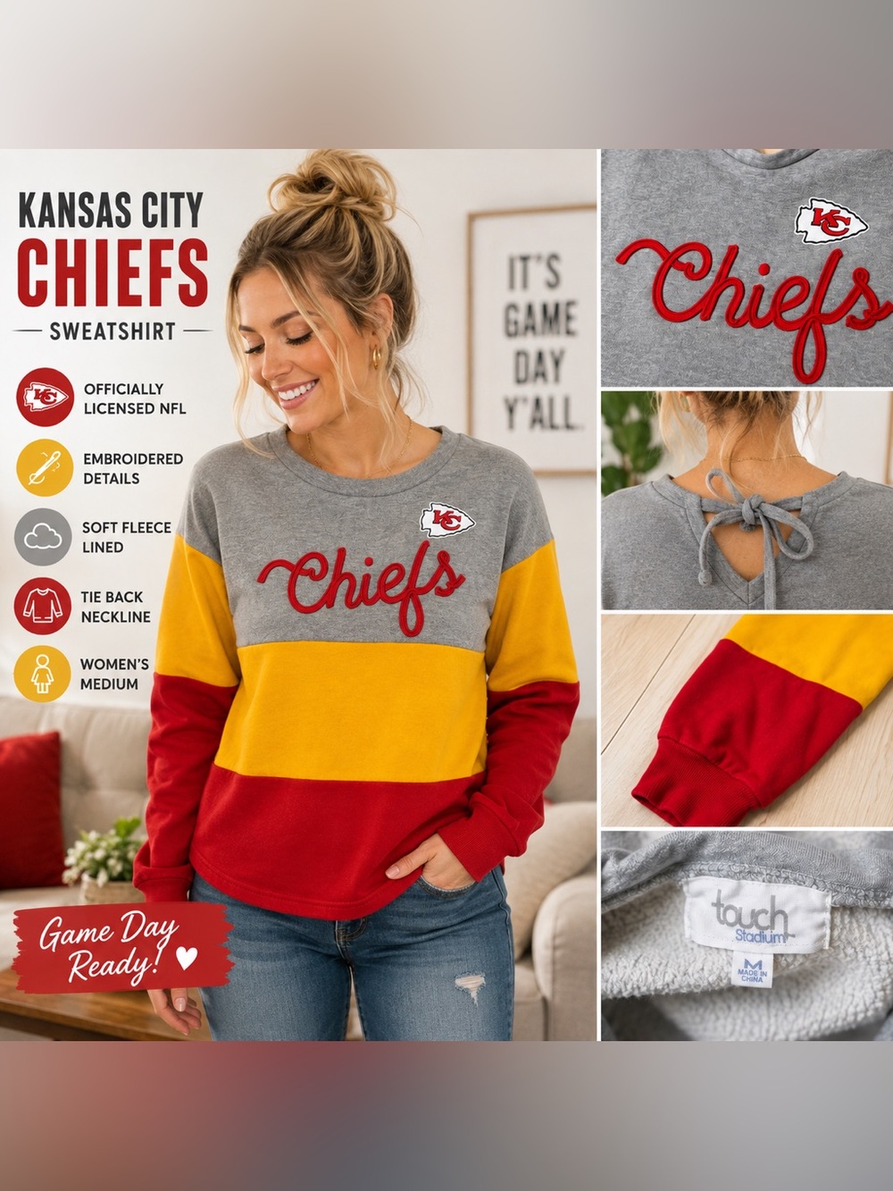Kansas City Chiefs Women’s Colorblock Sweatshirt Tie Back Pullover Touch Size M
